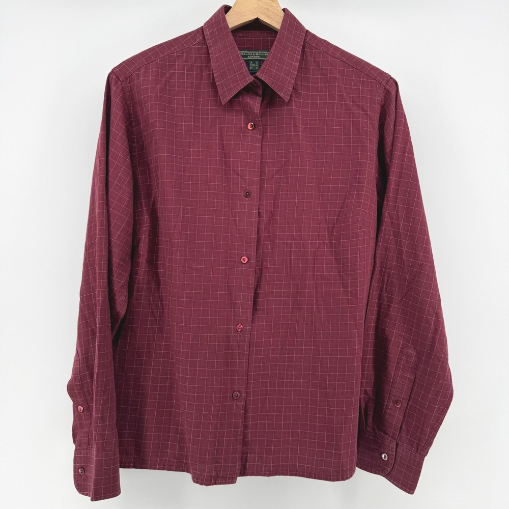 Holland & Holland London Womens‎ 14 Burgundy Windowpane Cotton Button Down Shirt - Picture 2 of 8